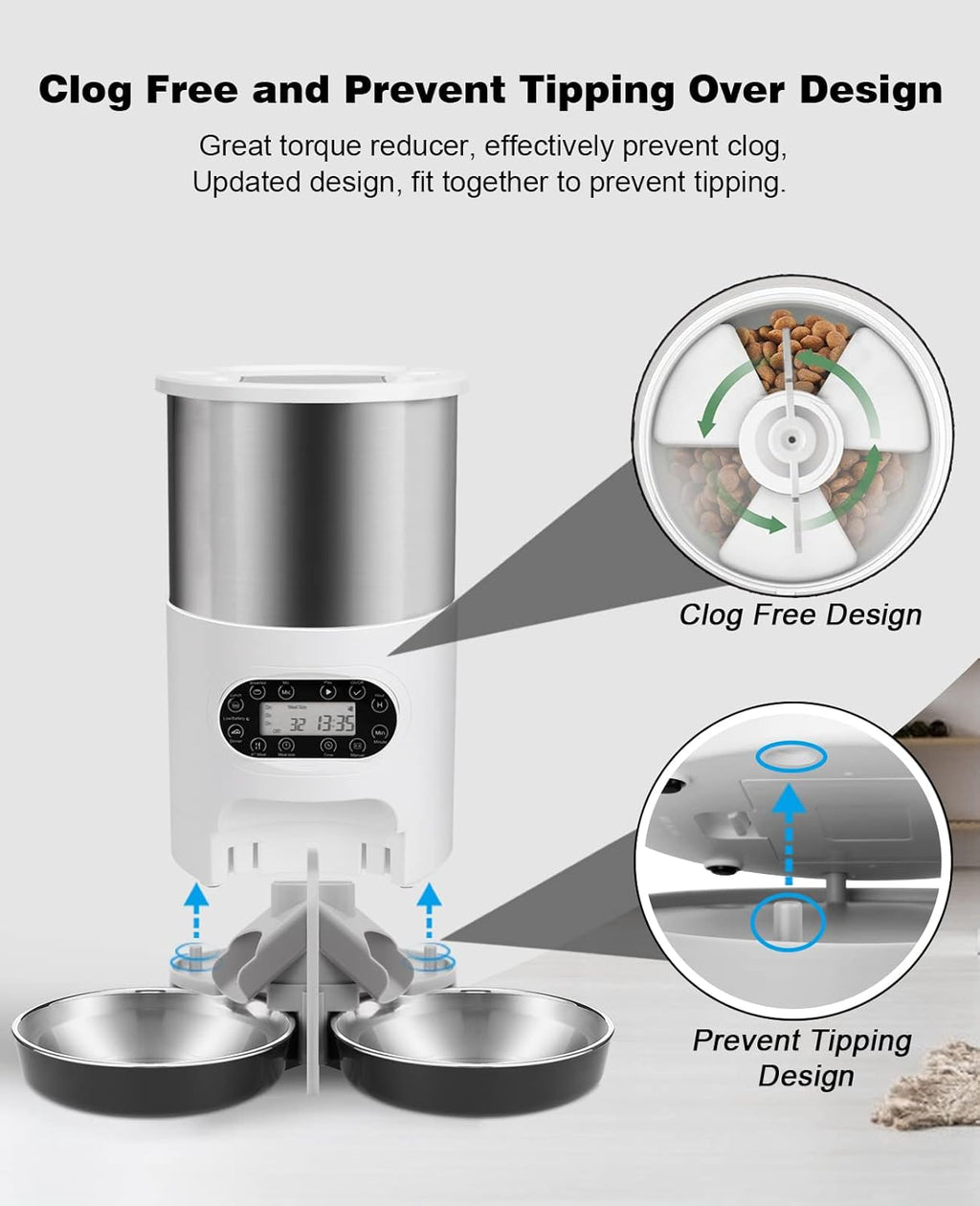 Automatic Cat Feeders, 304 Stainless Steel Timed Cat Food Dispenser for 2 Cats & Small Dog, 4.5L Pet Feeder with 2-Way Splitter, 1-4 Meals Portion Control,10S Voice Recorder, Dual Power Supply