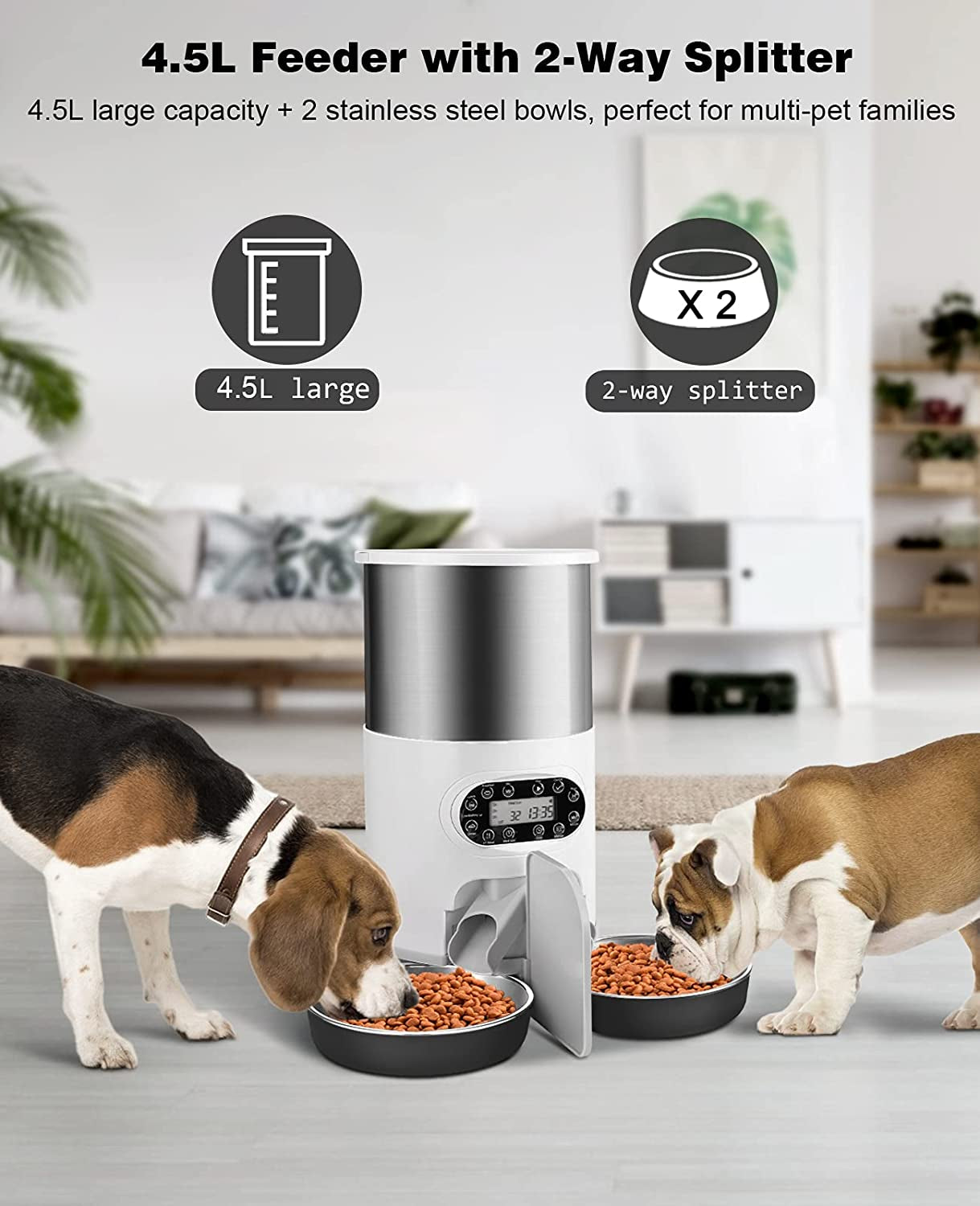Automatic Cat Feeders, 304 Stainless Steel Timed Cat Food Dispenser for 2 Cats & Small Dog, 4.5L Pet Feeder with 2-Way Splitter, 1-4 Meals Portion Control,10S Voice Recorder, Dual Power Supply