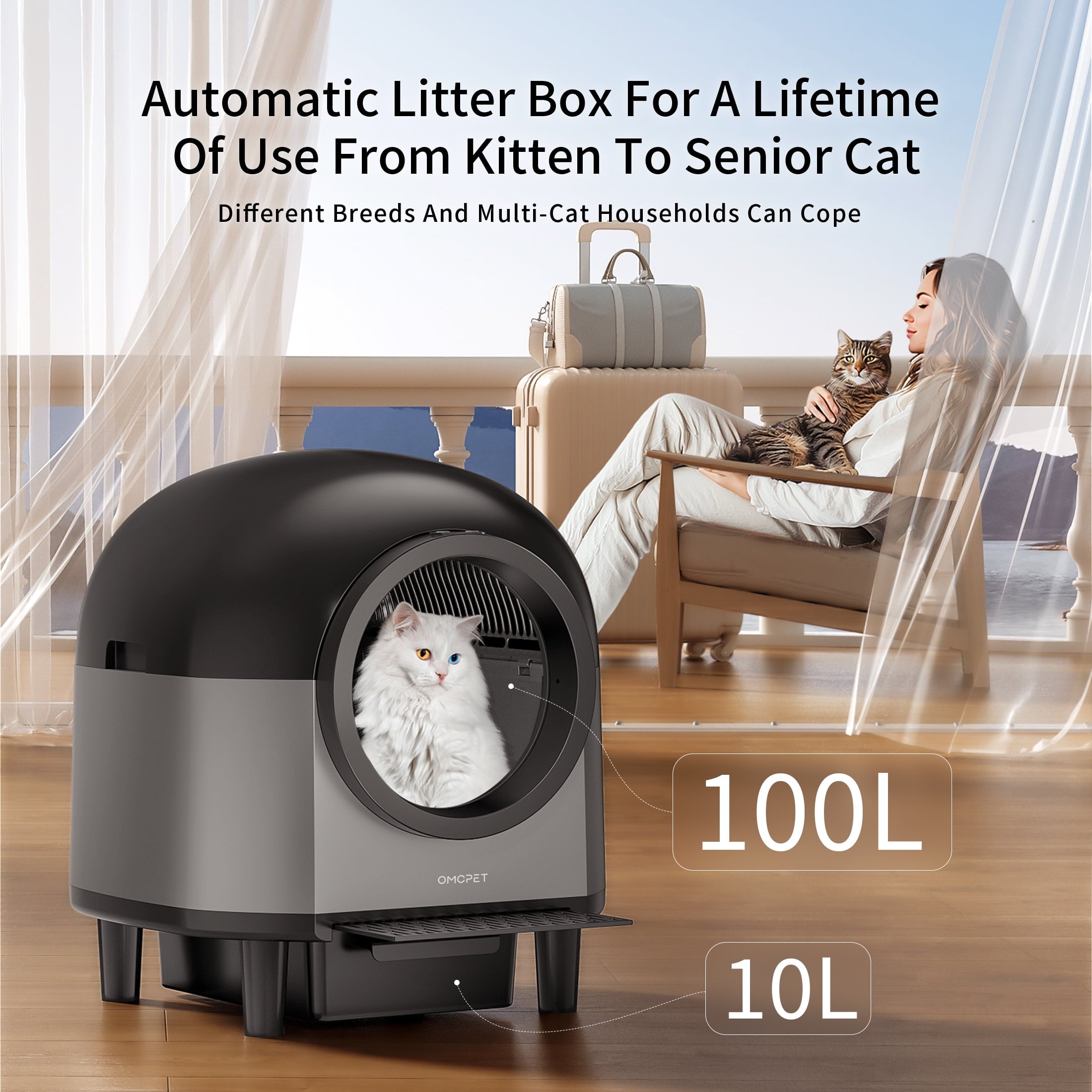 Self-Cleaning Cat Litter Box, Litter Box,Smart Automatic Litter Box, Large Litter Box , 100L Large Capacity APP Control/Integrated Safety Protection Black